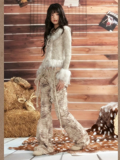 ALL iN plan Moonlight Hunter Tie Dye Mesh Fur Trim Top Cardigan