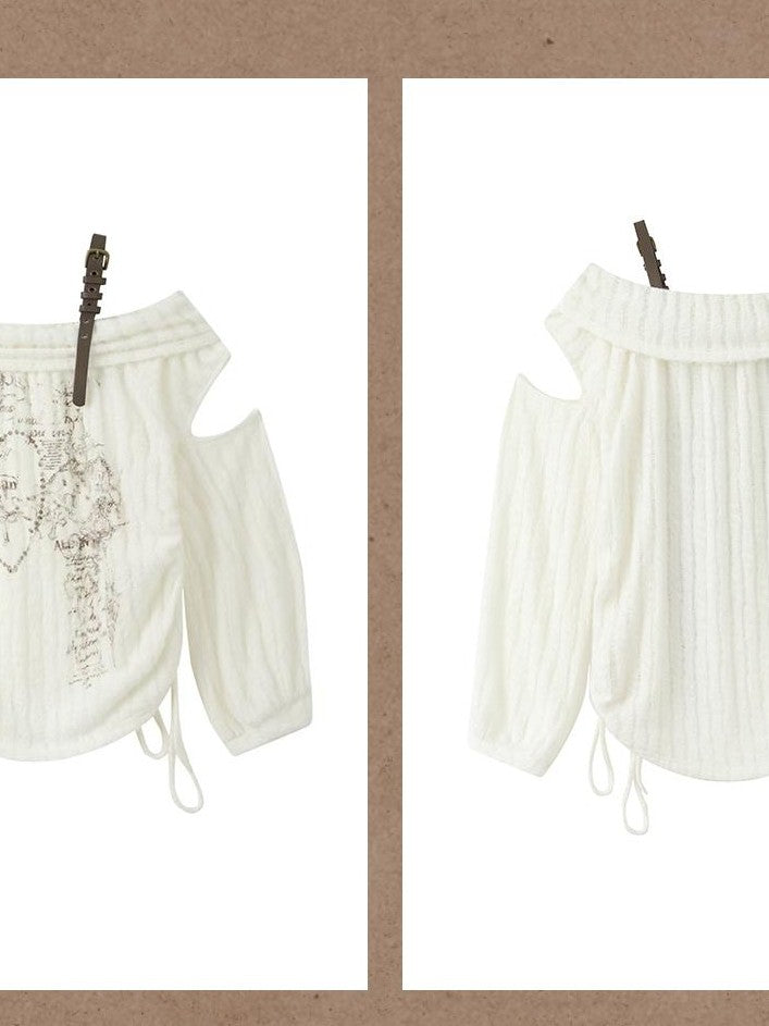 ALL iN plan Off Shoulder Printed Drawstring Long Sleeve Women&