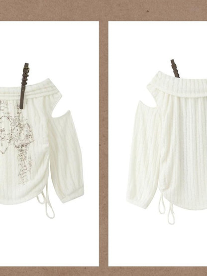 ALL iN plan Off Shoulder Printed Drawstring Long Sleeve Women&