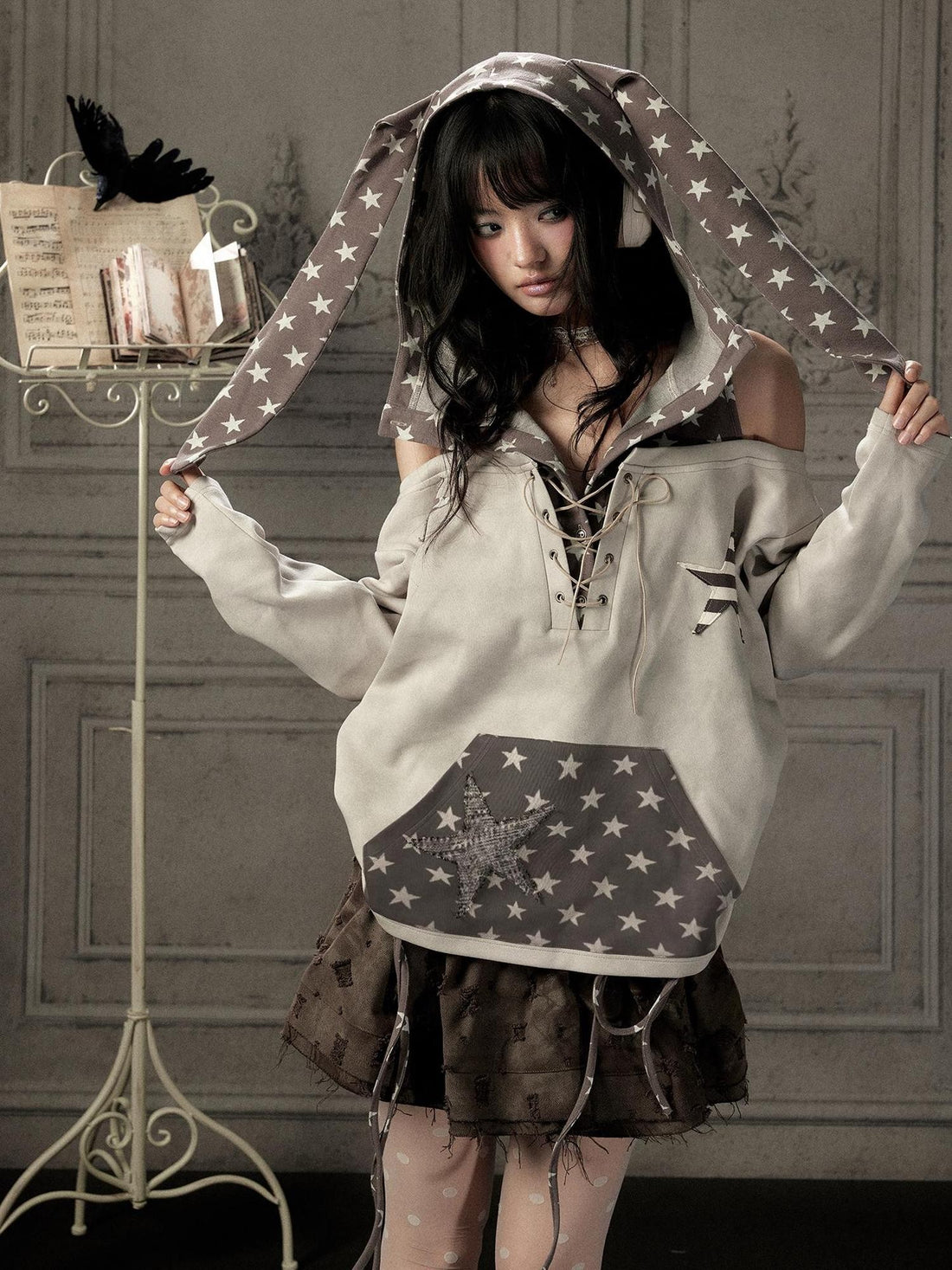 ALL iN plan Off Shoulder Rabbit Ear Star Lace Up Cotton Blend Women&