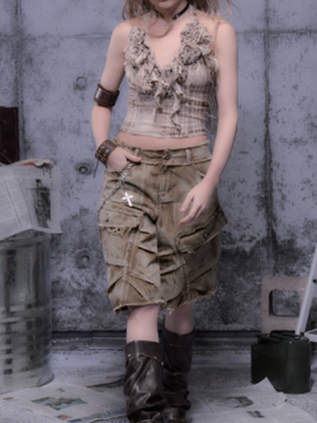 ALL iN plan Original Ruching Slim Fit Halter Cropped Checked Light Brown Polyester Camisoles