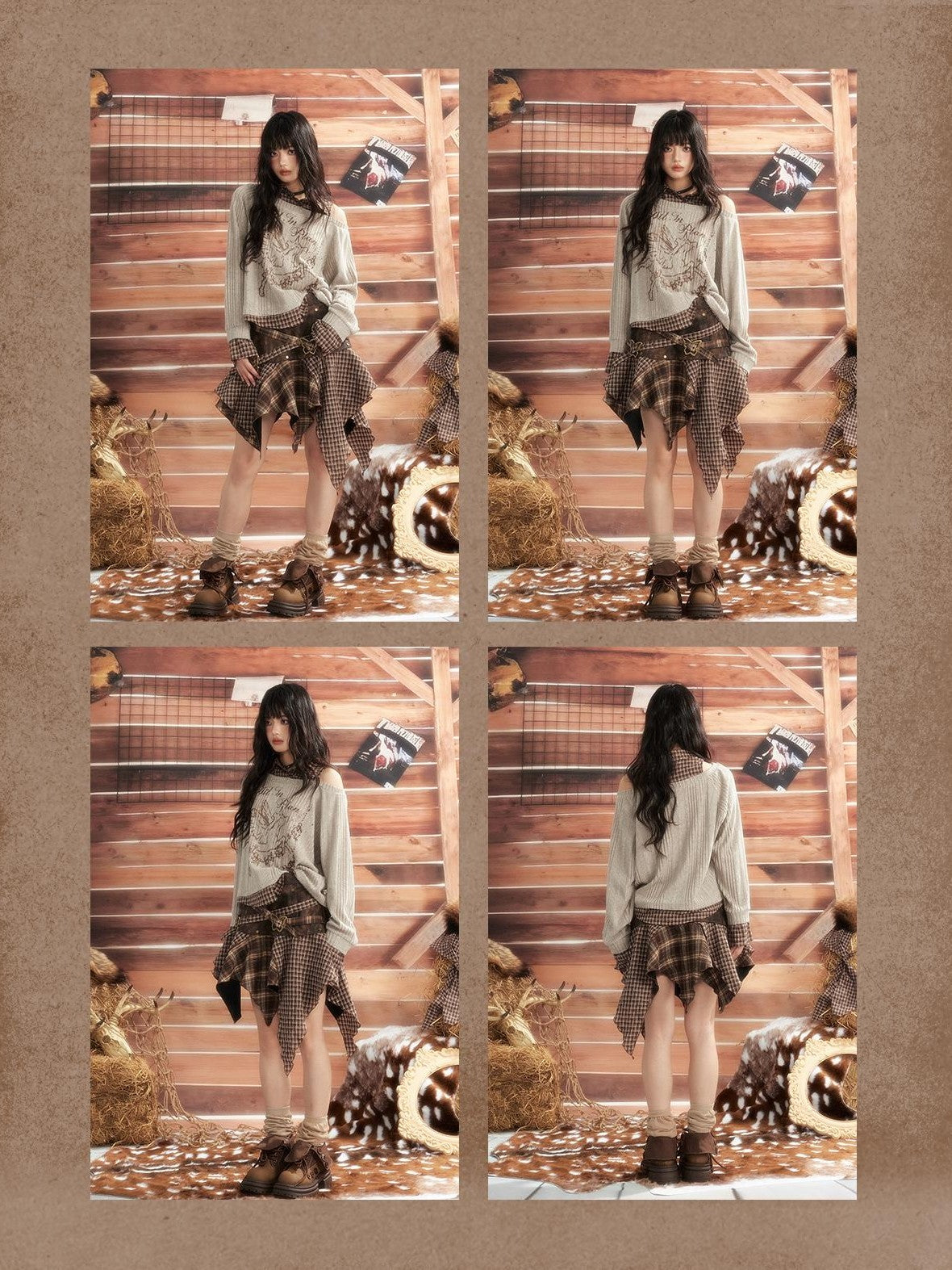 ALL iN plan Plaid Colorblock Fake Two Piece Women&