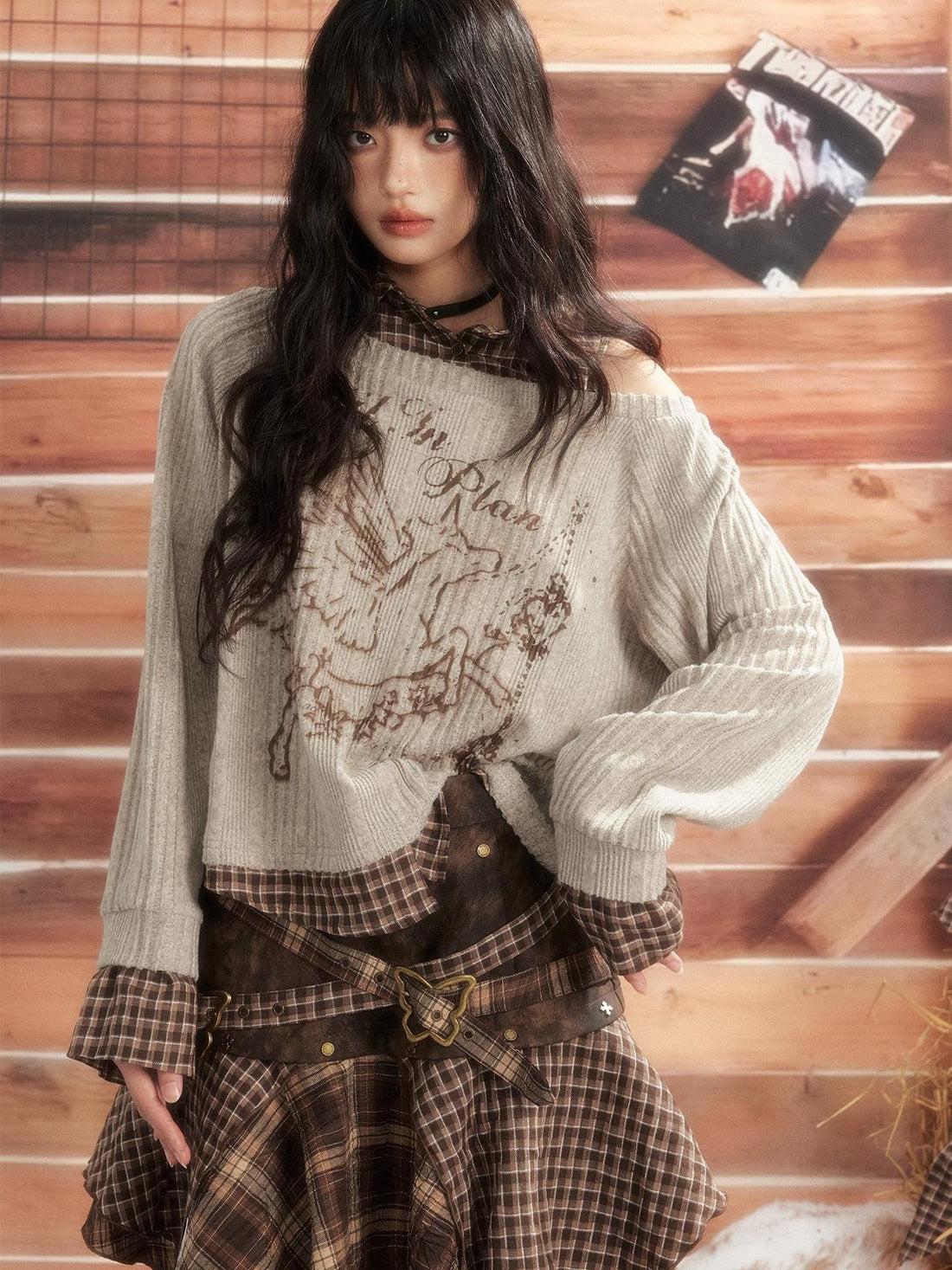 ALL iN plan Plaid Colorblock Fake Two Piece Women&