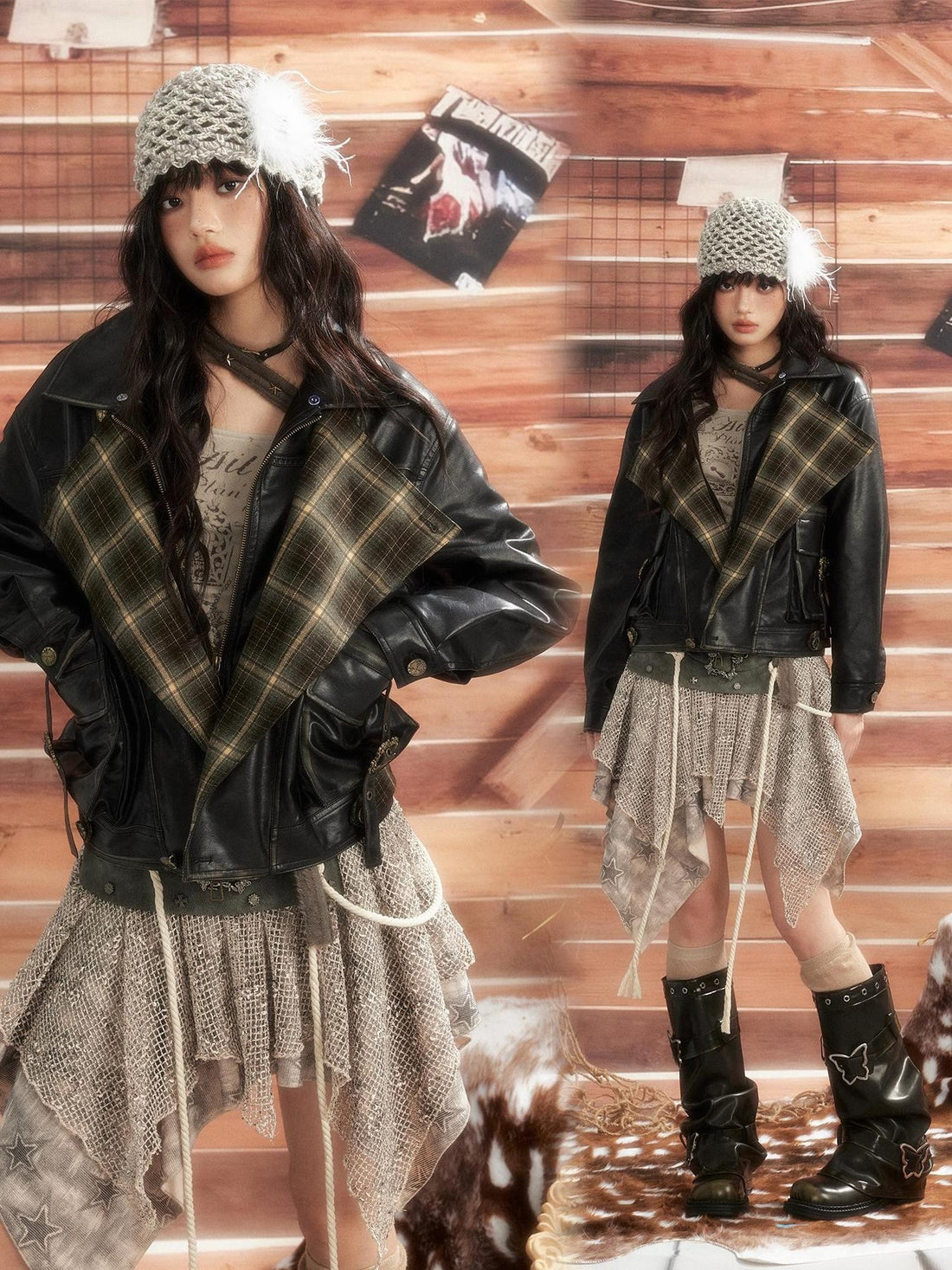 ALL iN plan Plaid Drawstring Stand Collar Loose Fit Women&