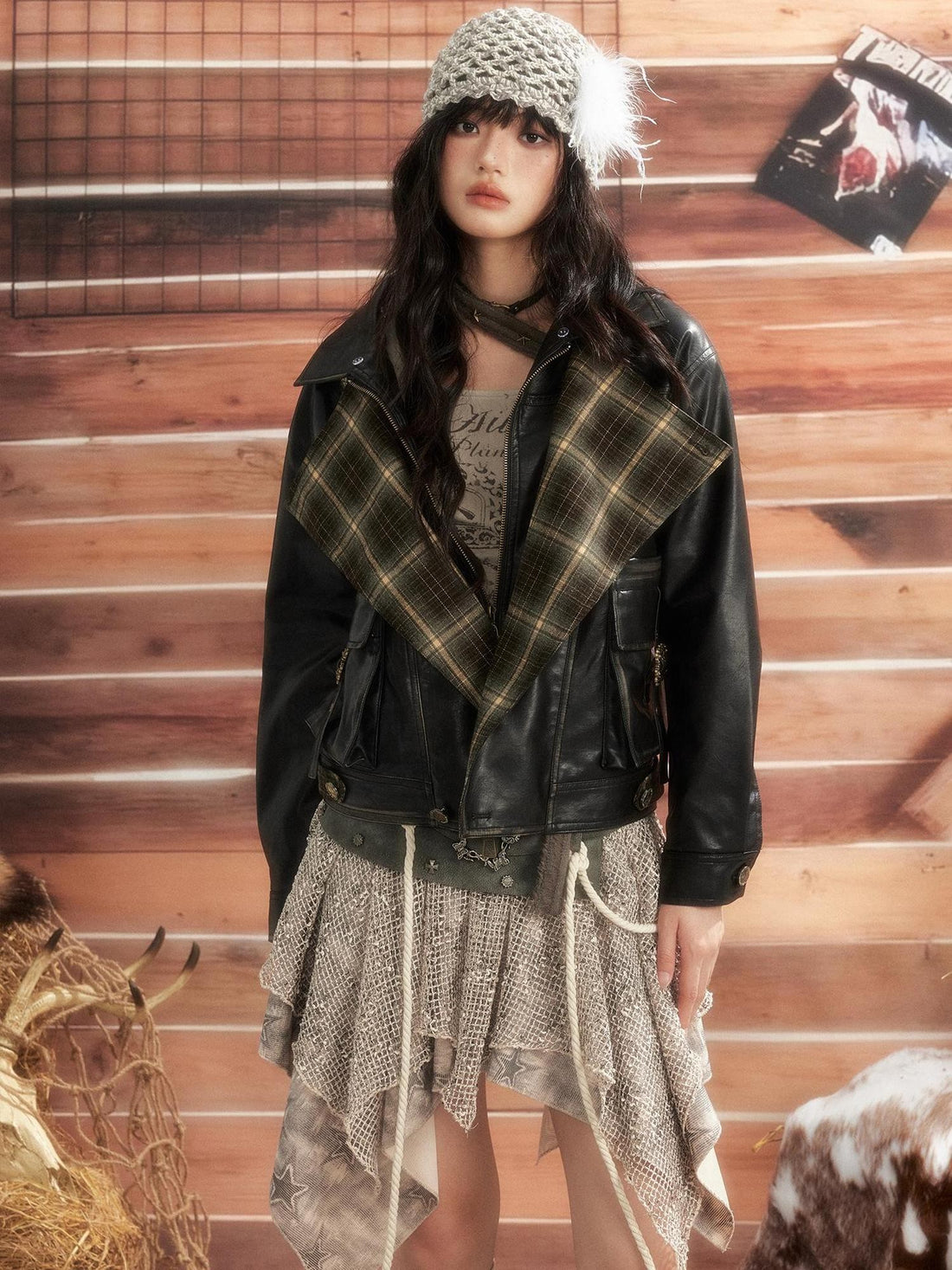 ALL iN plan Plaid Drawstring Stand Collar Loose Fit Women&