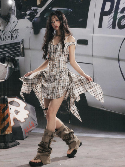 ALL iN plan Plaid Lace Splice Ribbon Asymmetric V-neck Women&