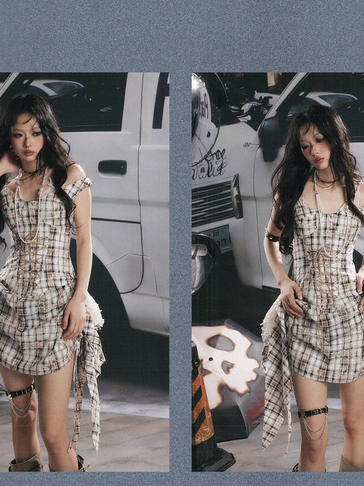 ALL iN plan Plaid Lace Splice Ribbon Asymmetric V-neck Women&