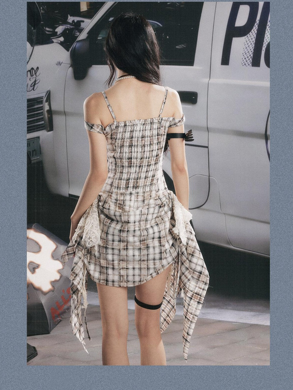 ALL iN plan Plaid Lace Splice Ribbon Asymmetric V-neck Women&