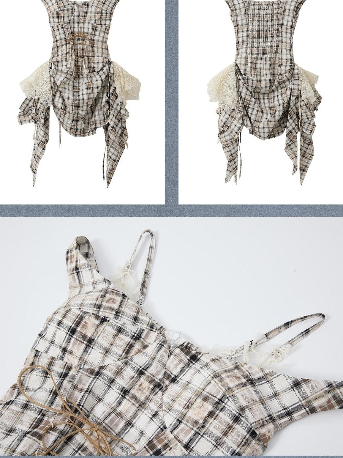 ALL iN plan Plaid Lace Splice Ribbon Asymmetric V-neck Women&
