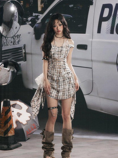 ALL iN plan Plaid Lace Splice Ribbon Asymmetric V-neck Women&