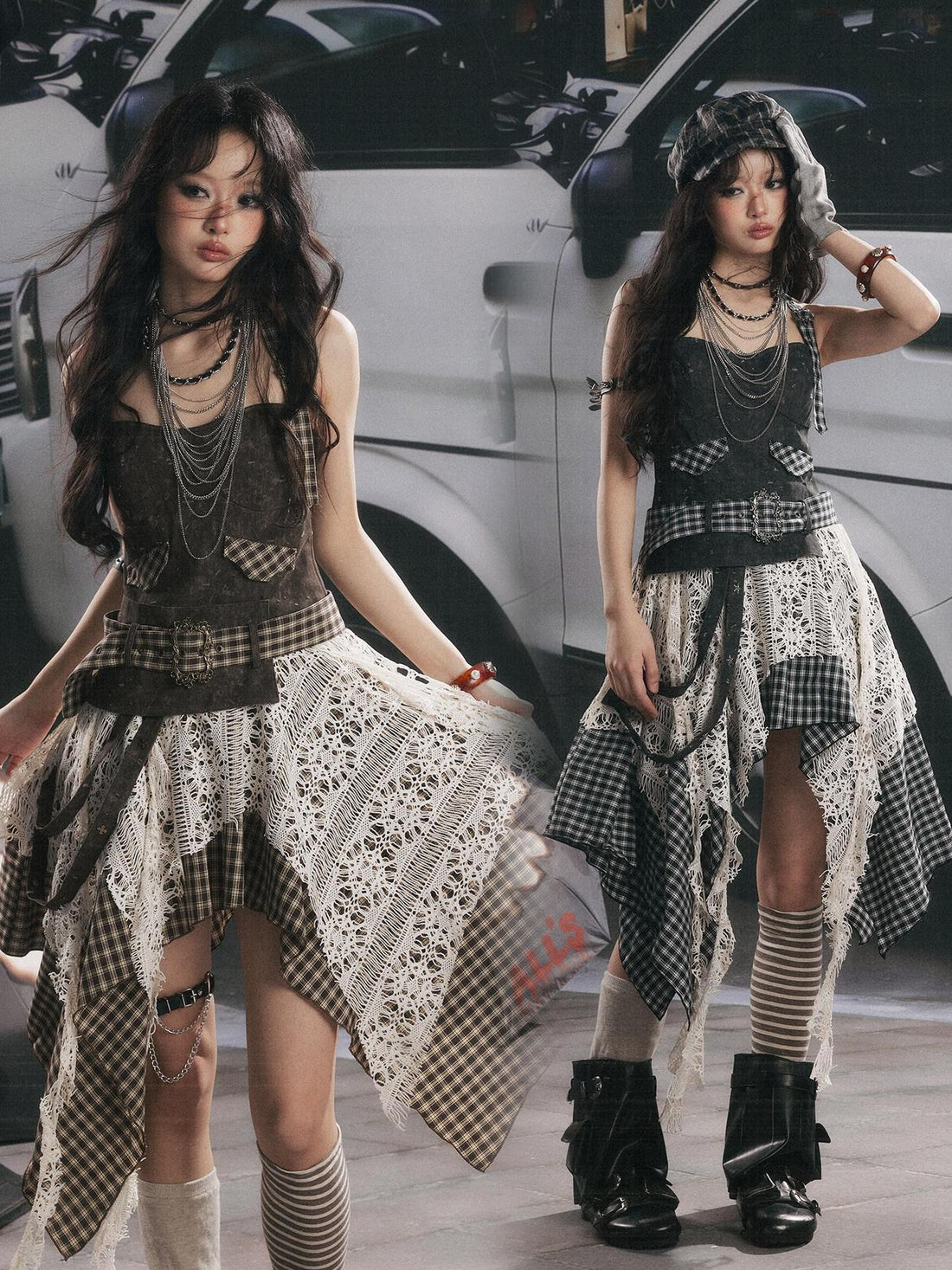 ALL iN plan Plaid Patchwork Asymmetric Tiered Women&