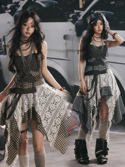 ALL iN plan Plaid Patchwork Asymmetric Tiered Women&