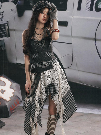 ALL iN plan Plaid Patchwork Asymmetric Tiered Women&