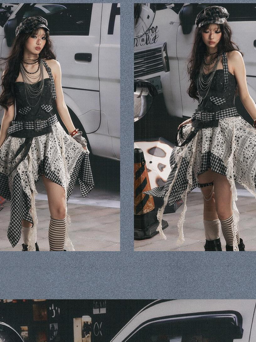 ALL iN plan Plaid Patchwork Asymmetric Tiered Women&