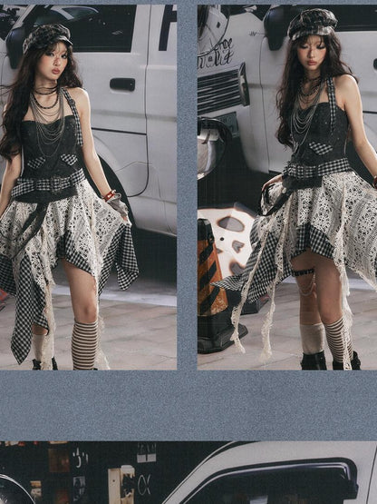 ALL iN plan Plaid Patchwork Asymmetric Tiered Women&