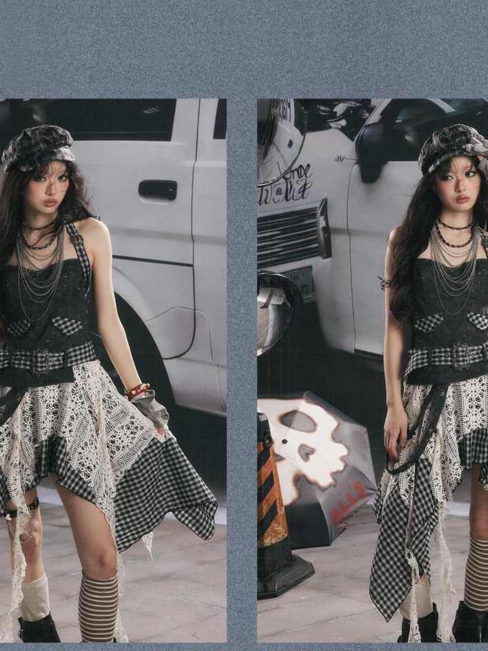 ALL iN plan Plaid Patchwork Asymmetric Tiered Women&