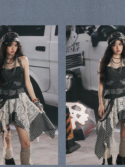 ALL iN plan Plaid Patchwork Asymmetric Tiered Women&