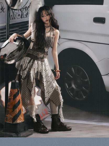 ALL iN plan Plaid Patchwork Asymmetric Tiered Women&