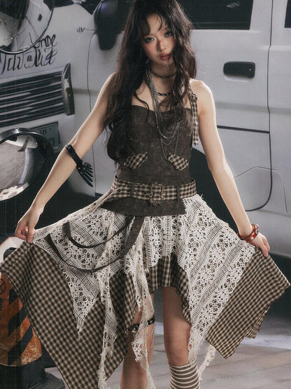 ALL iN plan Plaid Patchwork Asymmetric Tiered Women&