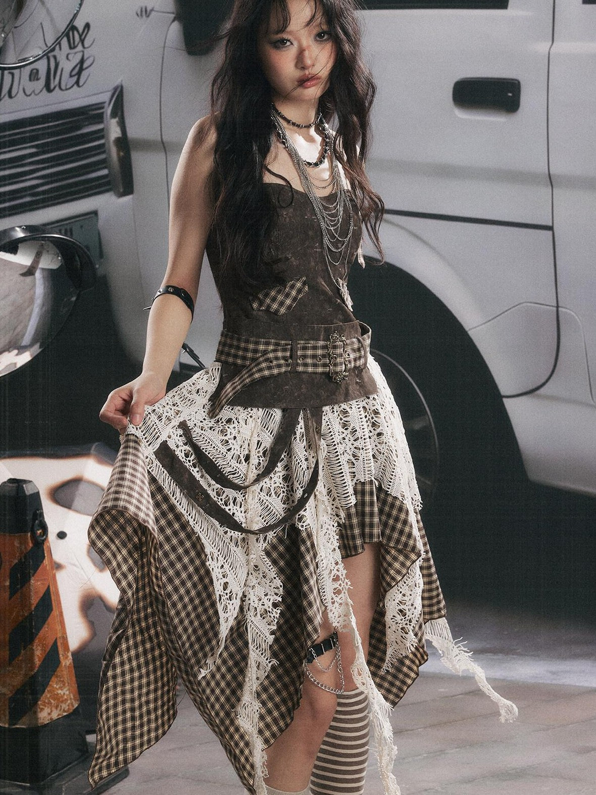 ALL iN plan Plaid Patchwork Asymmetric Tiered Women&
