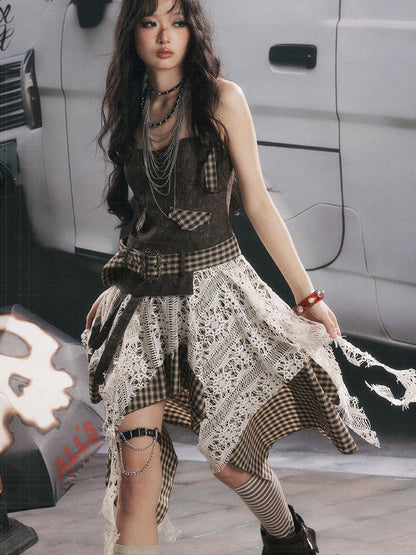 ALL iN plan Plaid Patchwork Asymmetric Tiered Women&