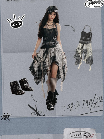 ALL iN plan Plaid Patchwork Asymmetric Tiered Women&
