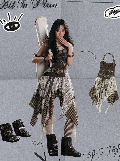 ALL iN plan Plaid Patchwork Asymmetric Tiered Women&