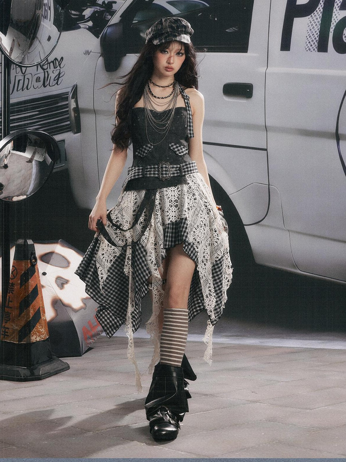 ALL iN plan Plaid Patchwork Asymmetric Tiered Women&