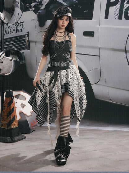 ALL iN plan Plaid Patchwork Asymmetric Tiered Women&