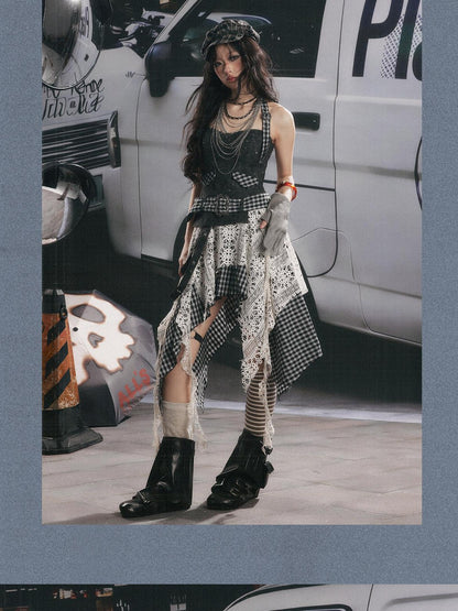 ALL iN plan Plaid Patchwork Asymmetric Tiered Women&