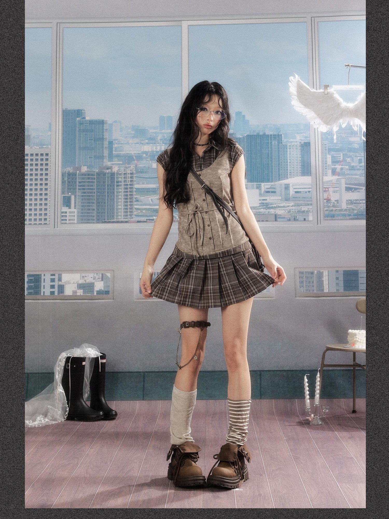 ALL iN plan Plaid Patchwork Doll Collar Button Pleated Women&