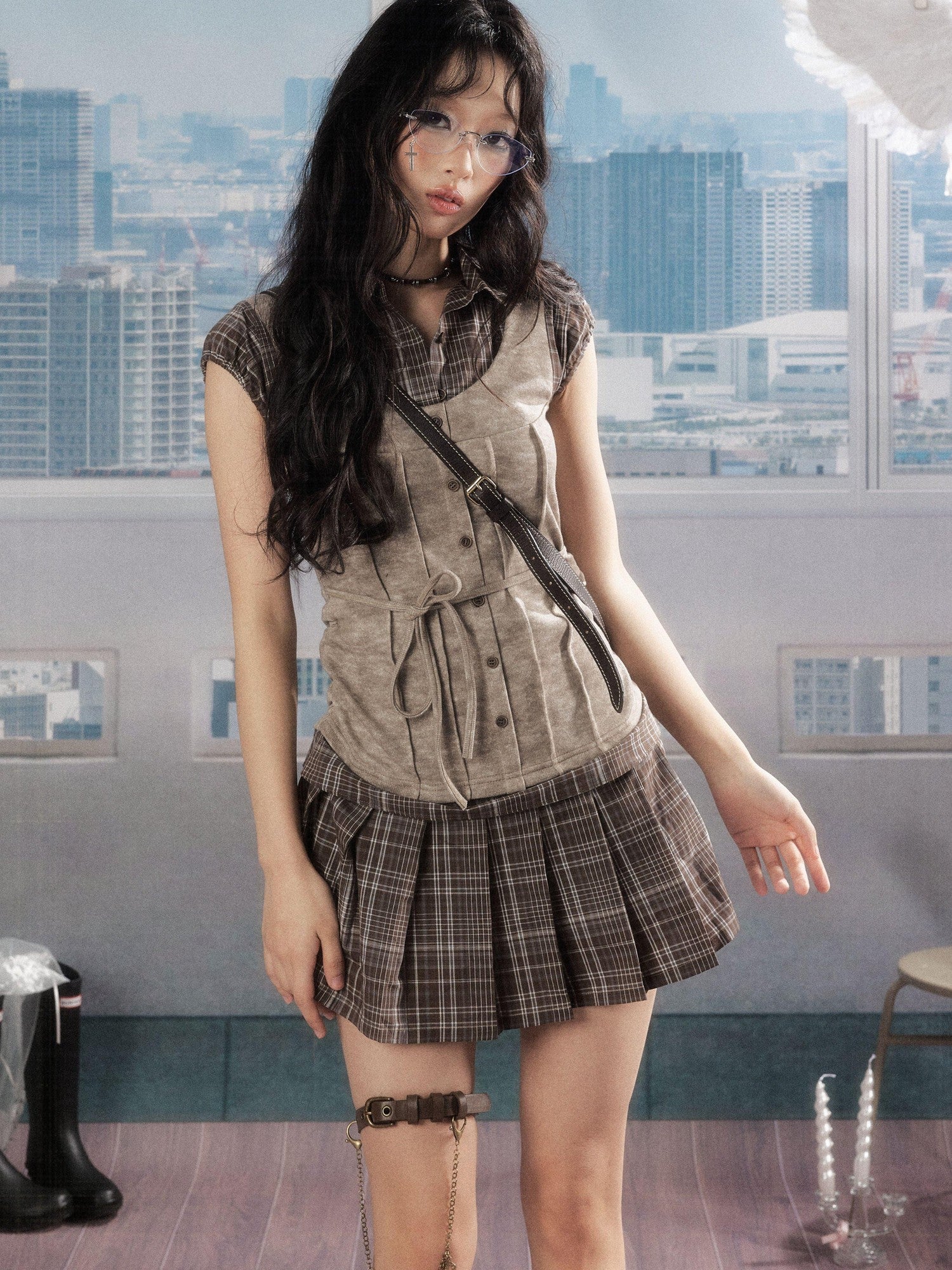 ALL iN plan Plaid Patchwork Doll Collar Button Pleated Women&