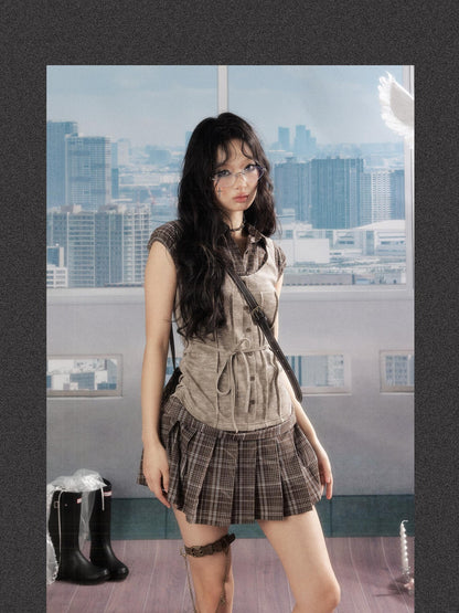 ALL iN plan Plaid Patchwork Doll Collar Button Pleated Women&