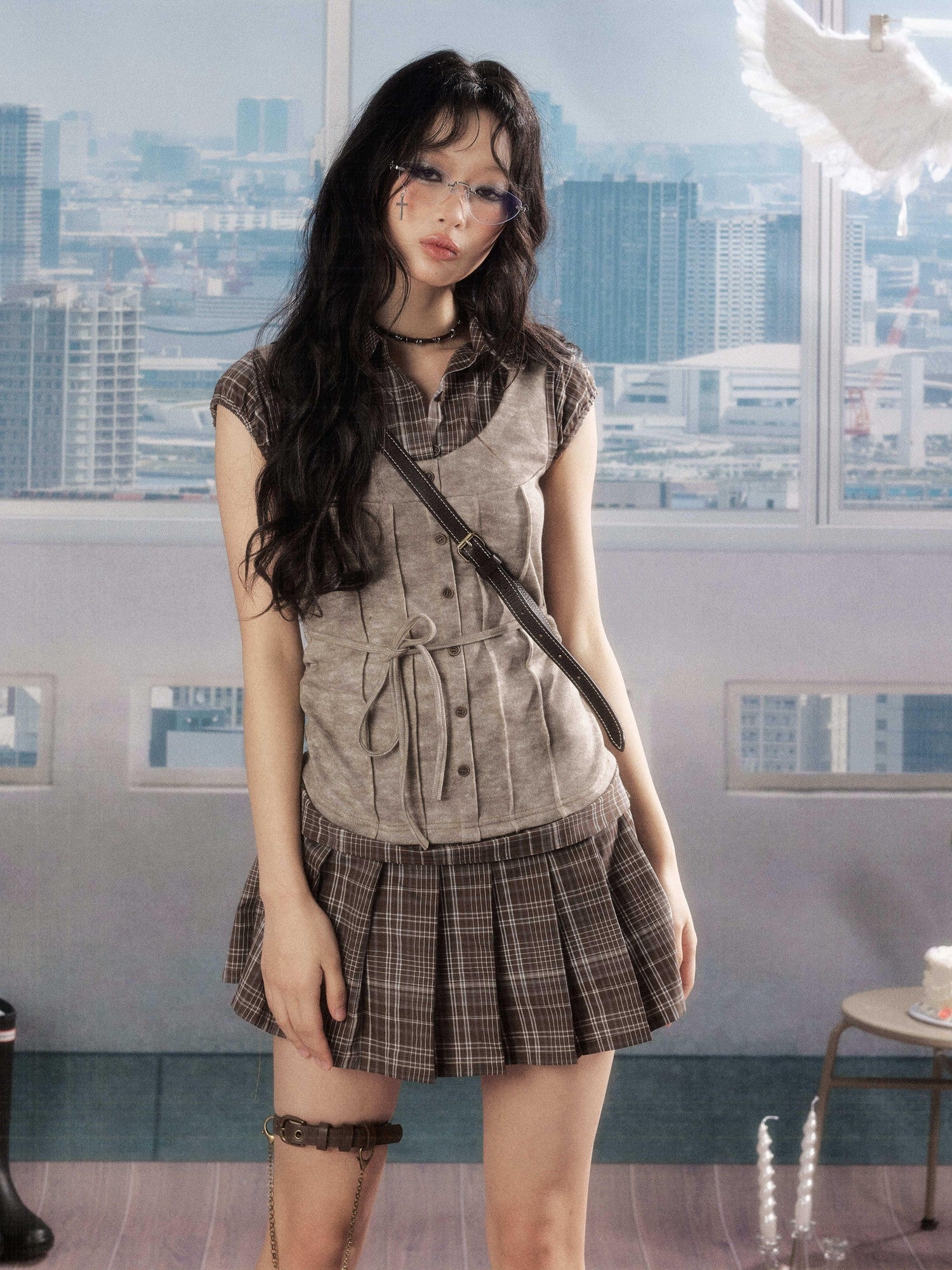 ALL iN plan Plaid Patchwork Doll Collar Button Pleated Women&