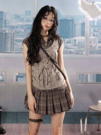 ALL iN plan Plaid Patchwork Doll Collar Button Pleated Women&