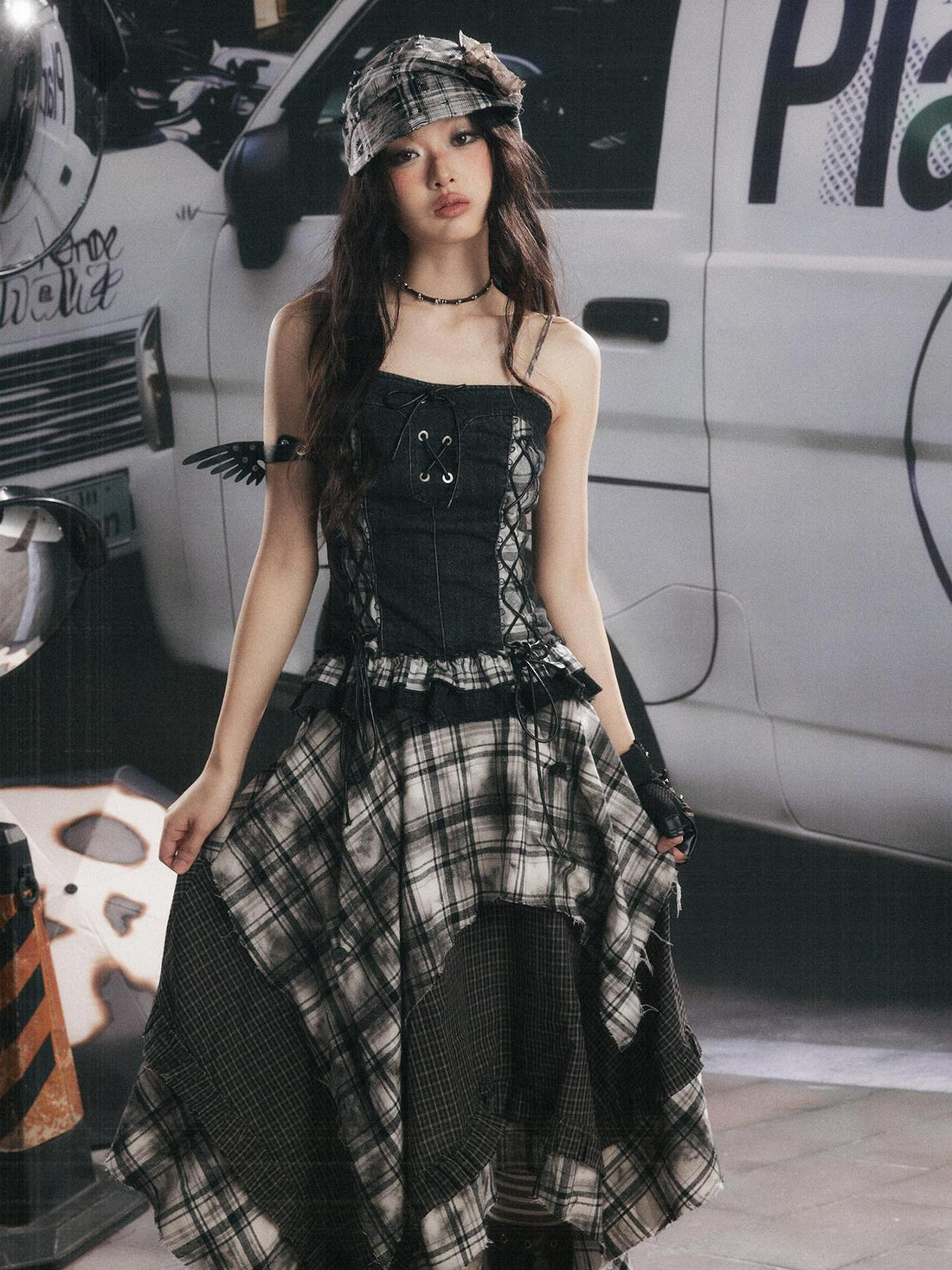 ALL iN plan Plaid Patchwork Ruffle Tie Front Mid Length Women&