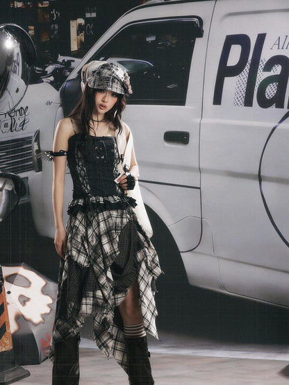 ALL iN plan Plaid Patchwork Ruffle Tie Front Mid Length Women&