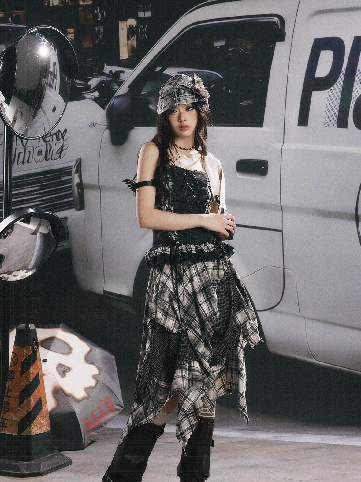 ALL iN plan Plaid Patchwork Ruffle Tie Front Mid Length Women&