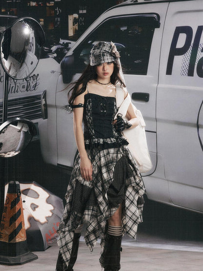 ALL iN plan Plaid Patchwork Ruffle Tie Front Mid Length Women&