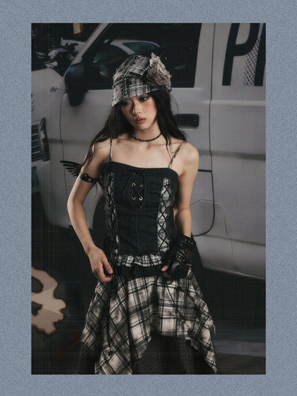 ALL iN plan Plaid Patchwork Ruffle Tie Front Mid Length Women&