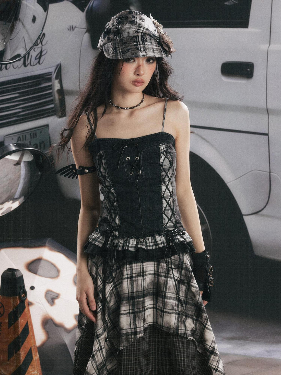 ALL iN plan Plaid Patchwork Ruffle Tie Front Mid Length Women&