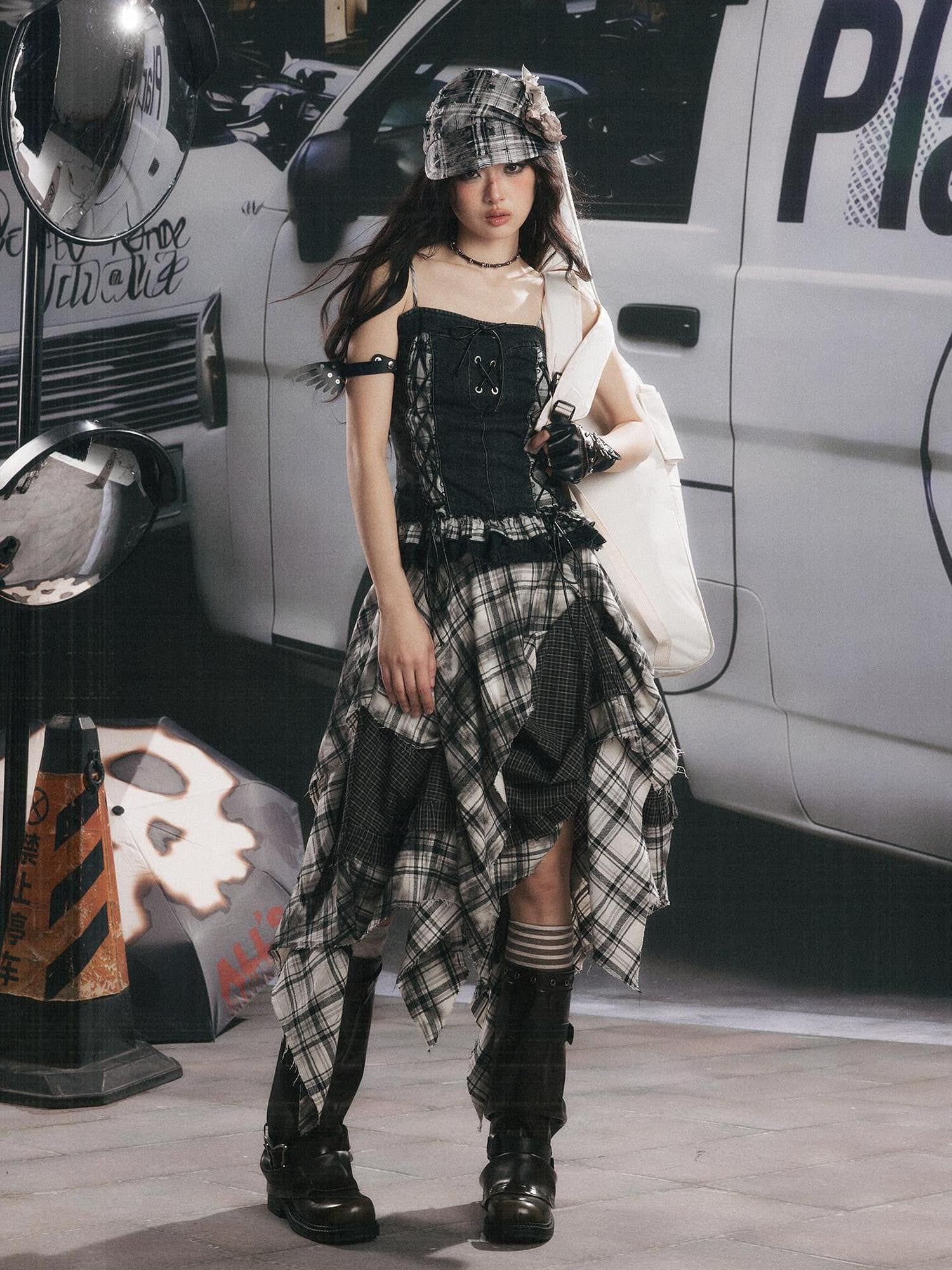 ALL iN plan Plaid Patchwork Ruffle Tie Front Mid Length Women&