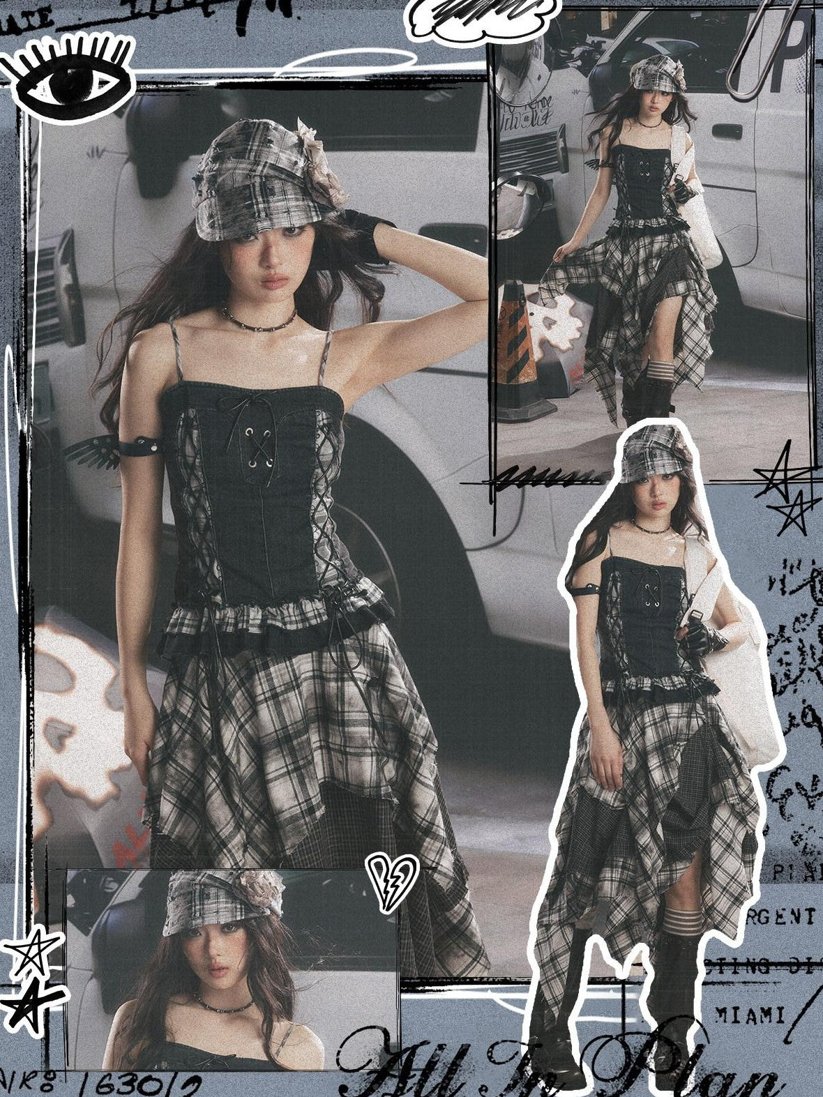ALL iN plan Plaid Patchwork Ruffle Tie Front Mid Length Women&