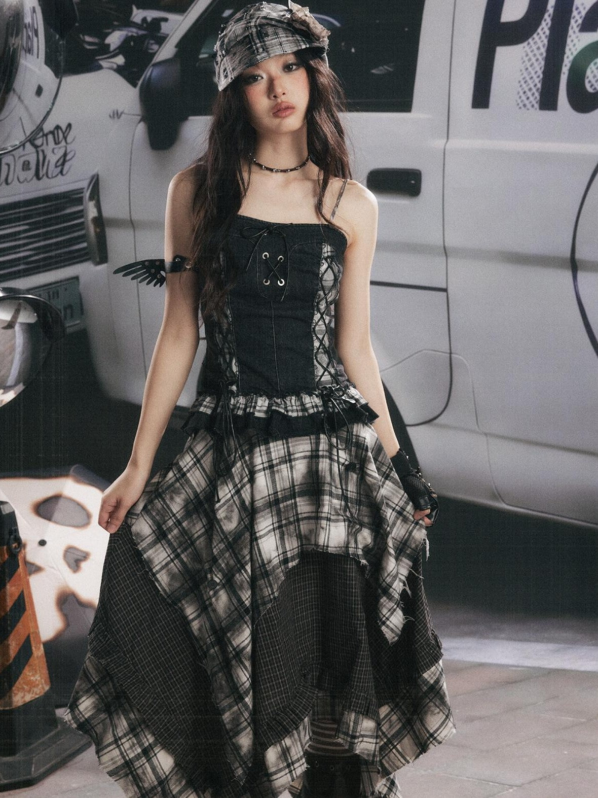 ALL iN plan Plaid Patchwork Ruffle Tie Front Mid Length Women&