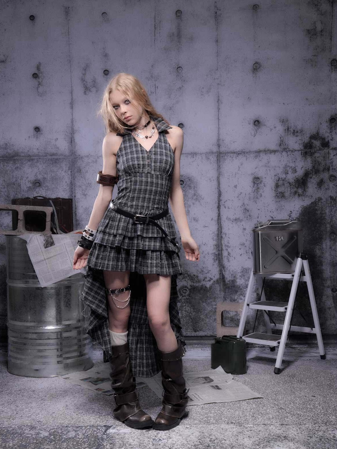 ALL iN plan Plaid Polyester Sleeveless A Line For Women Shopping Casual Halter Mini Dresses