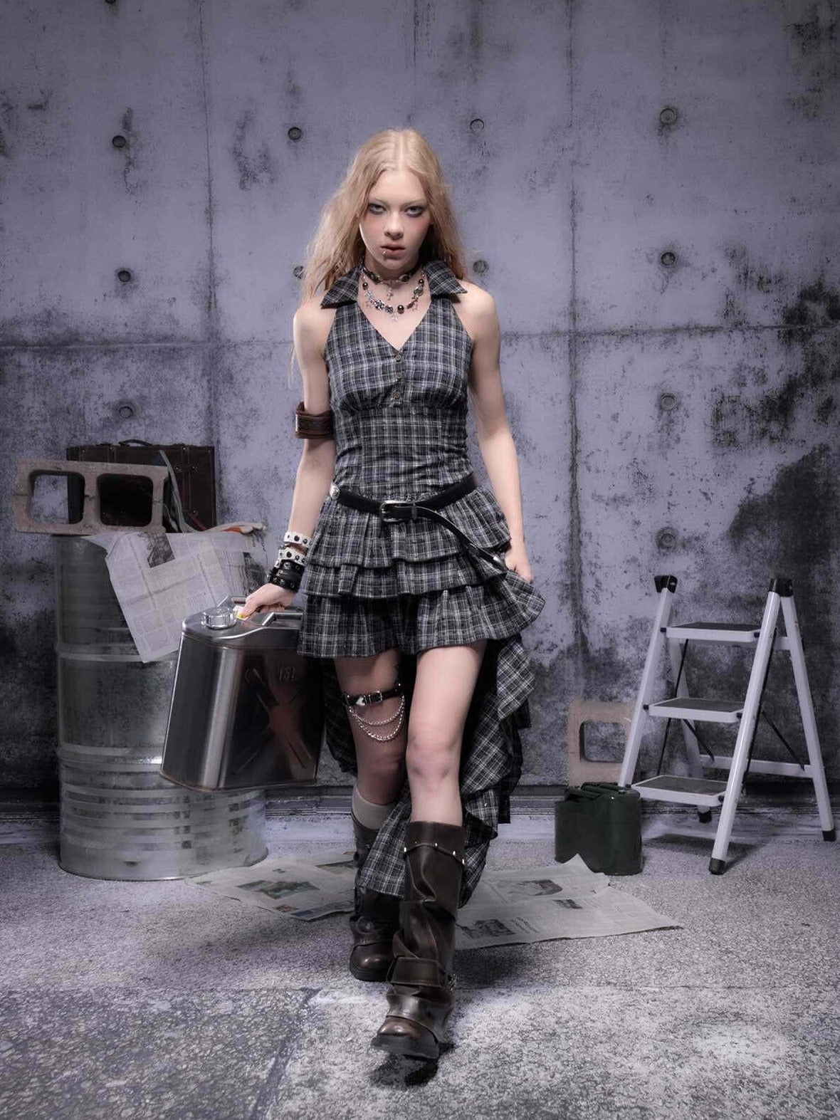 ALL iN plan Plaid Polyester Sleeveless A Line For Women Shopping Casual Halter Mini Dresses