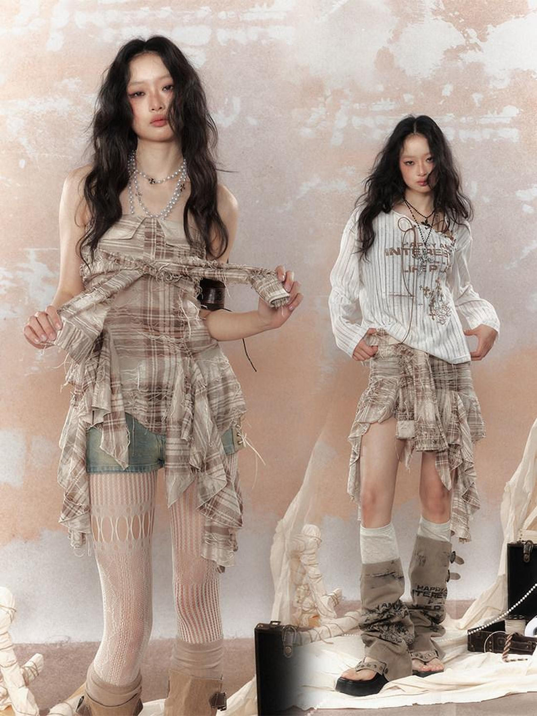 ALL iN plan Plaid Tassel Ruffle Deconstructed Print Women&