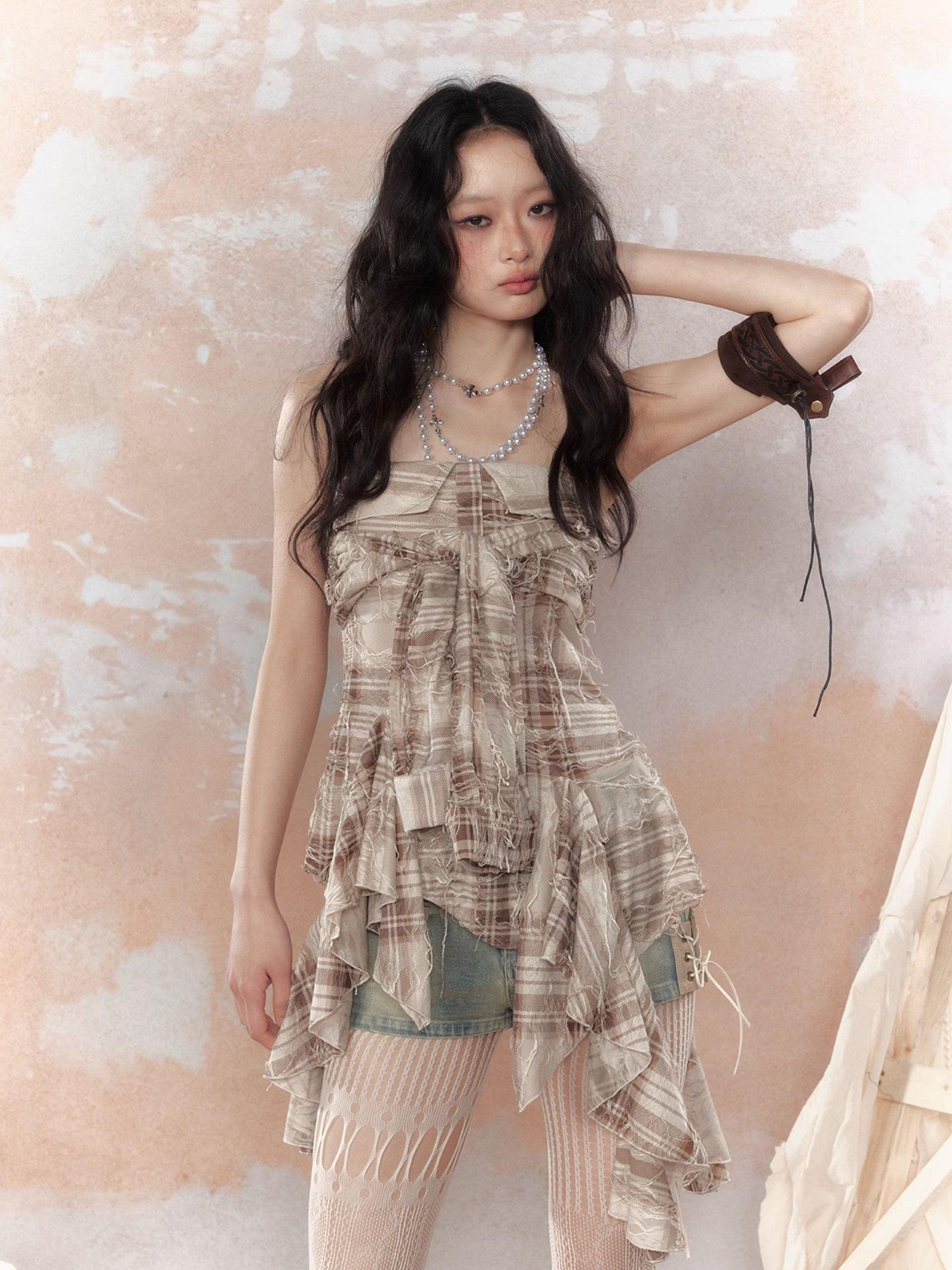 ALL iN plan Plaid Tassel Ruffle Deconstructed Print Women&