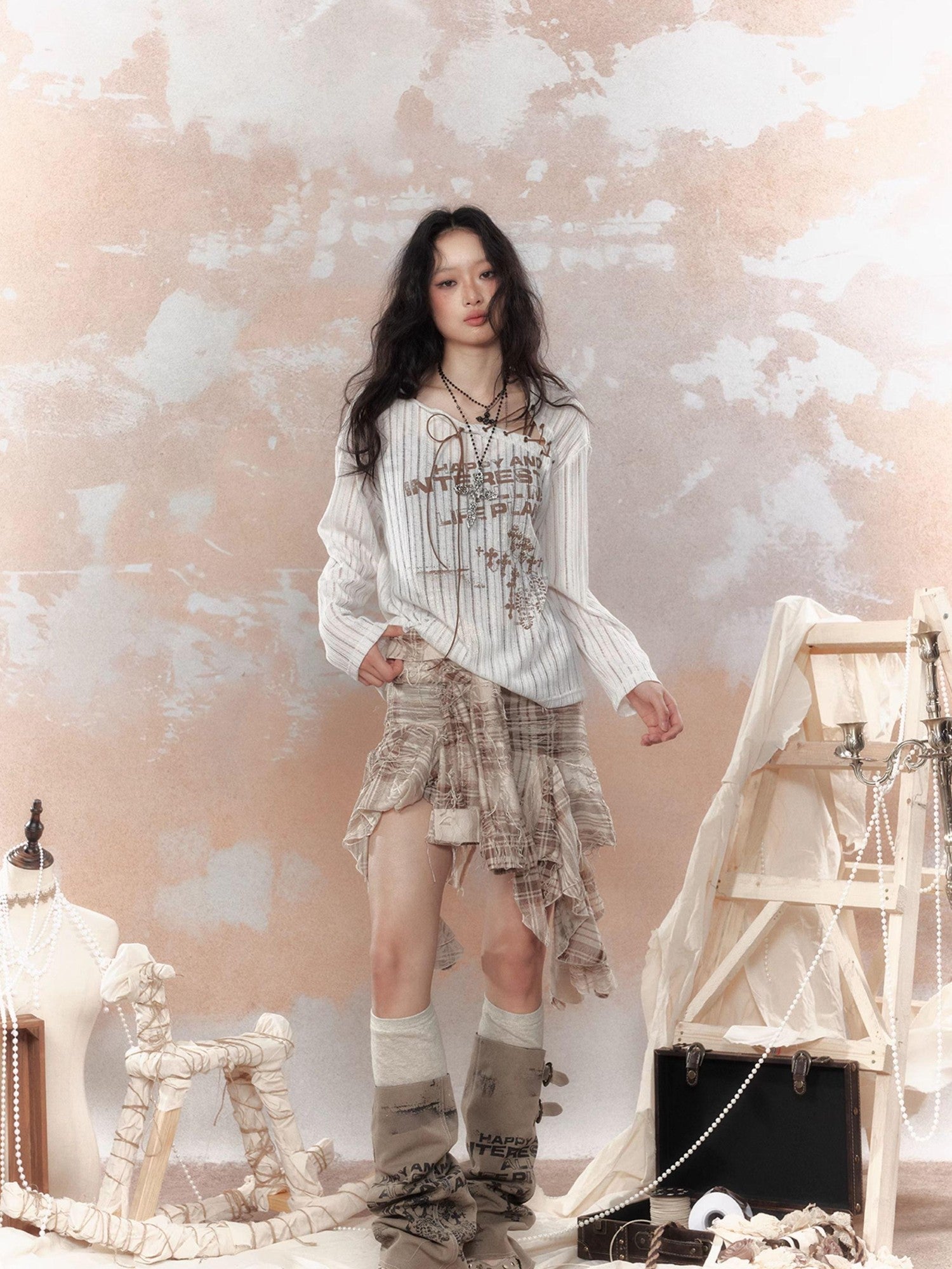 ALL iN plan Plaid Tassel Ruffle Deconstructed Print Women&