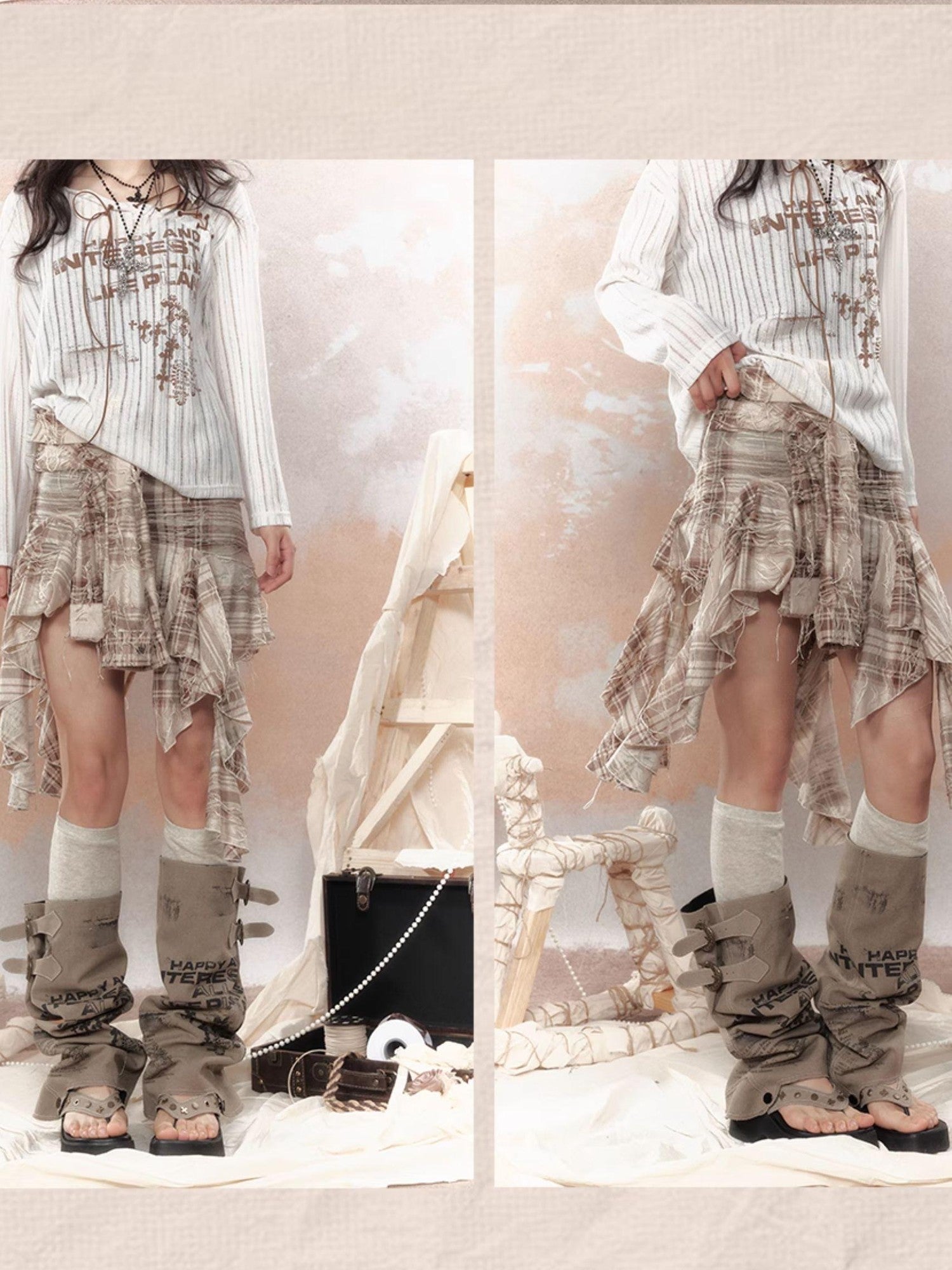 ALL iN plan Plaid Tassel Ruffle Deconstructed Print Women&